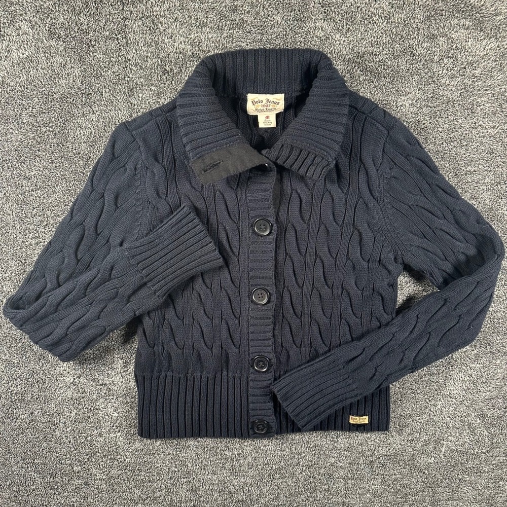 Ralph Lauren Polo Jeans Cardigan Women M Navy Blue Cable Knit Button Down RL